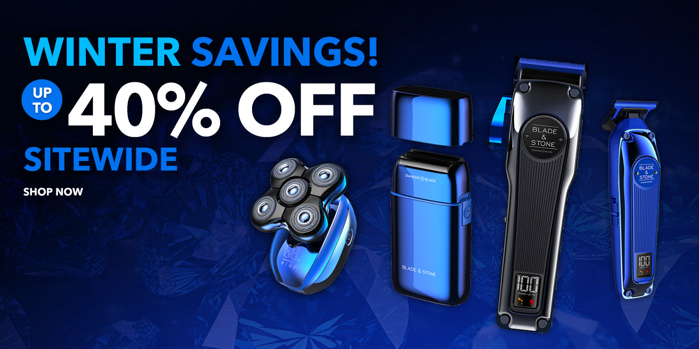 Grooming tools with winter savings promotion on a blue geometric pattern background